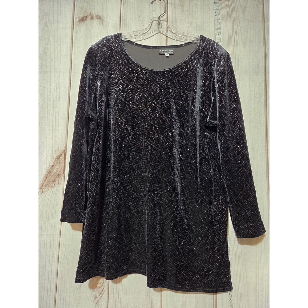 Onyx Nite Women's 22 Black Sparkle Velvet Tunic‎ Top Long Sleeve Party